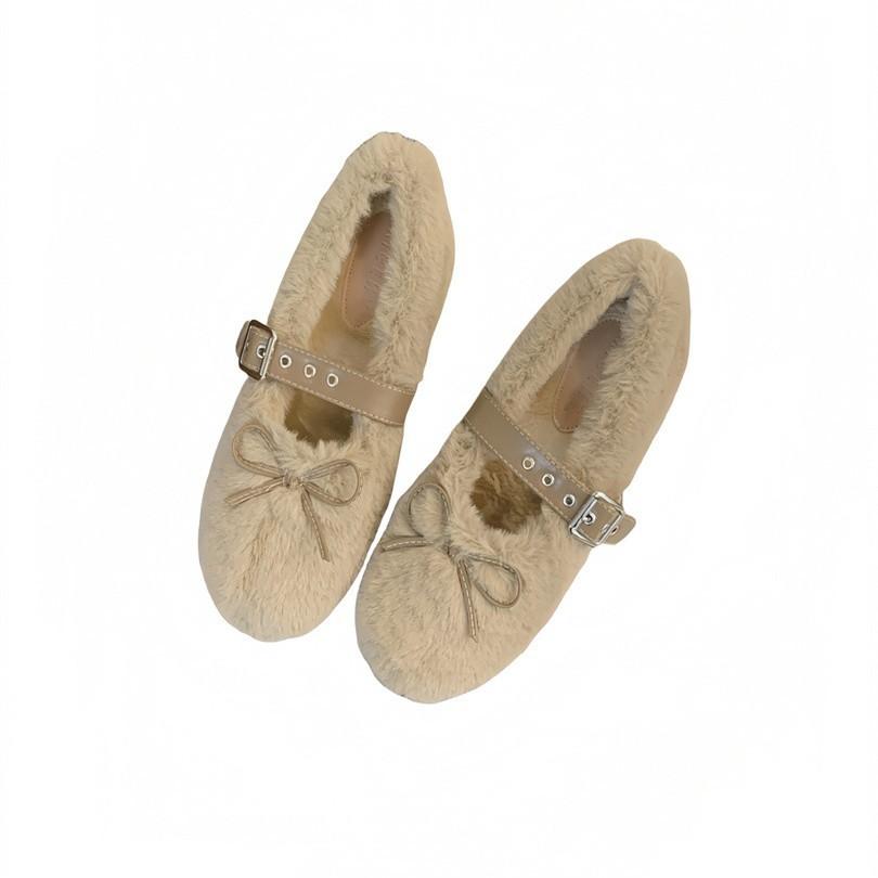2025 Autumn and Winter Comfortable Versatile Round Head Soft Sole Cotton Shoes Bow Belt Buckle Flat Bottom Fluffy Shoes