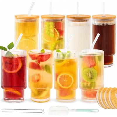 8 Pcs 11oz Glass Cups With Lids and Strands, Ribbed Glassware, Stackable Glass Cups, Suitable for Coffee, Fruit Juice, Cocktails