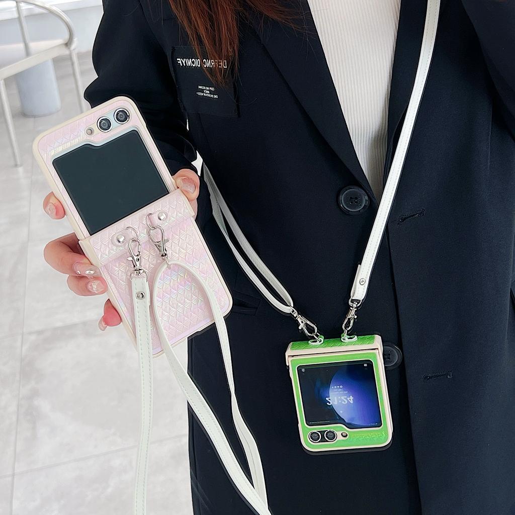 For Samsung Galaxy Z Flip5 5G Case Laser Rhombus Imprinted PU+PC Phone Cover with Crossbody Strap