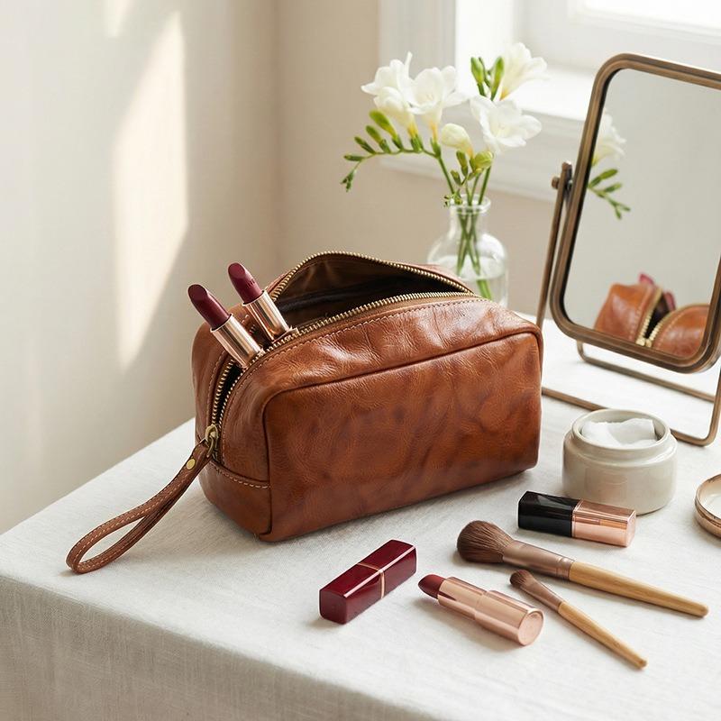 Multi-Purpose Genuine Leather Travel Organizer Pouch, Large Capacity Leather Pen Case, Cosmetics, Small Tools & Daily Essentials