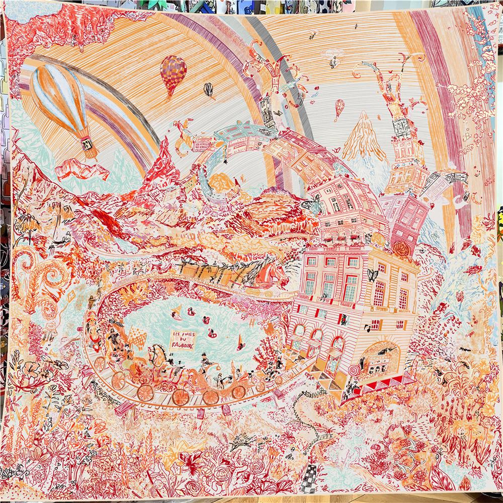 

POBING 30% Silk 70% Cashmere Scarf Women Hand Rolled Ocean City Print Square Scarves Wraps Bandana Big Hijabs Female Foulard 135CM x 135CM