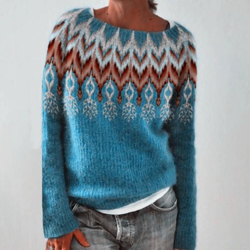 Women's Loose Pullover Knit Sweater Long Sleeve Round Neck Color Blocking Sweater