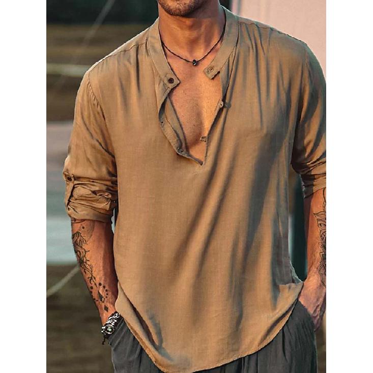 Nouvelle Chemise Décontractée Semi-Ouverte pour Homme, Chemise Simple Multicolore en Coton et Lin, Manches Tendance Col Rond, Chemise à Manches Longues