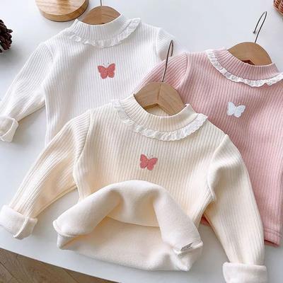 Cozy and Chic Autumn and Winter Girls Plush Lined Long Sleeves T-Shirts Girls Comfortable and Versatile Butterfly Print T-Shirts