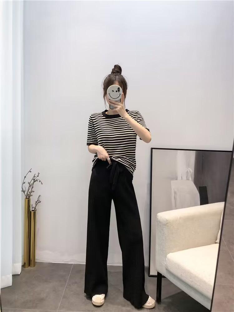 Women's Summer 2025 Korean Fashion: Plus Size Striped Wide-Leg Pants & Short Sleeve Casual Two-Piece Set