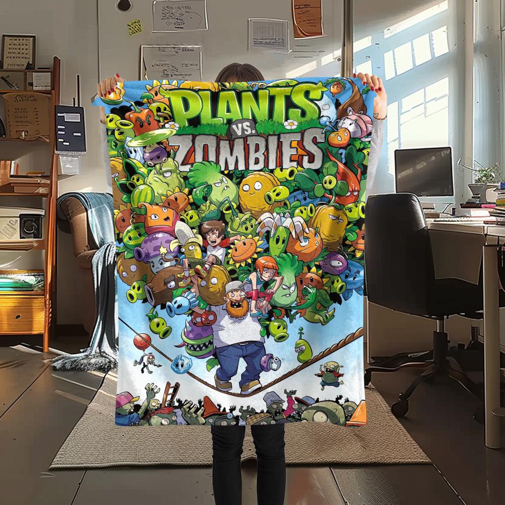 1Pc Zombie Plant Fight Print Flannel Blanket, High quality Comfortable for All Seasons, Home Decor, Warmth and Comfort, Perfect for Gifts