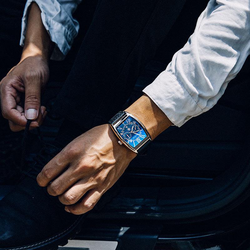 Finish Big Barrel Men's Watch: European & American Style, Leather Strap, Waterproof, Calendar, Casual Office Wear.