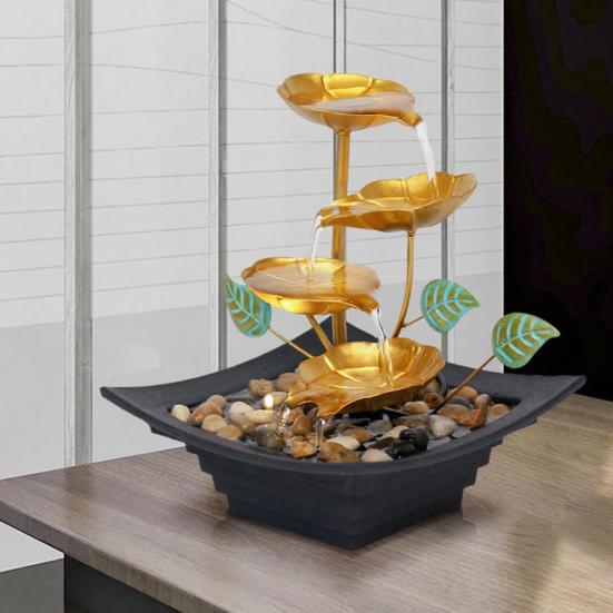 Golden Relaxation Tabletop Water Fountain with LED Light 4 Tier Lotus Small Desktop Waterfall Fountain with Rocks for Home Bathroom Bedroom Decor