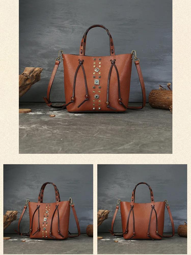 Johnature Cowhide Woven Handbag Genuine Leather Women's Bag Retro Rivet Large Capacity Shoulder Bags