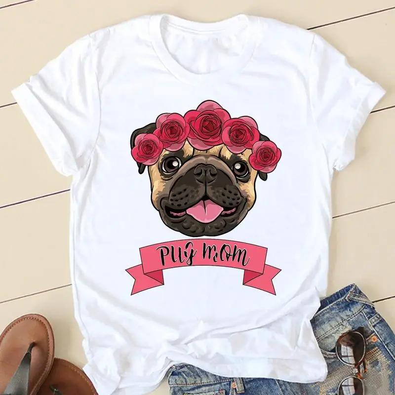 Sweet Love Pug Streetwear White Fashion Women T-Shirts Harajuku Kawaii Clothes Short Sleeve Summer Tee Casual Female Tops O-Neck