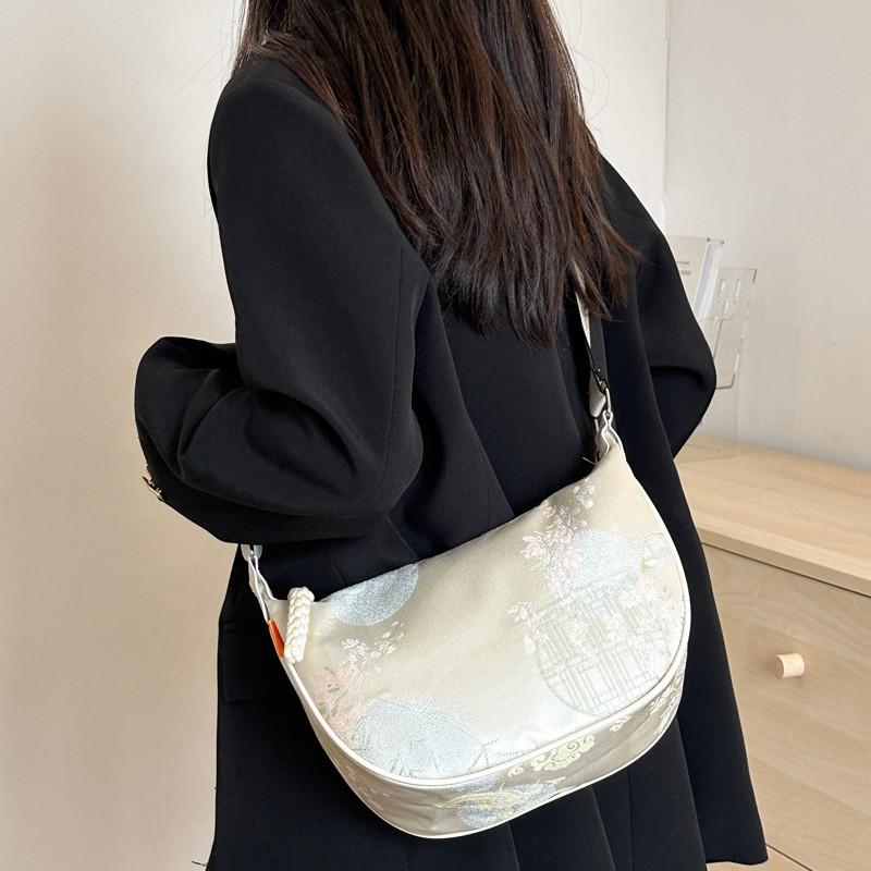 Elegant Chinese New Style Large Capacity Satin Embroidered Shoulder Bag For Women In Pink Yellow And