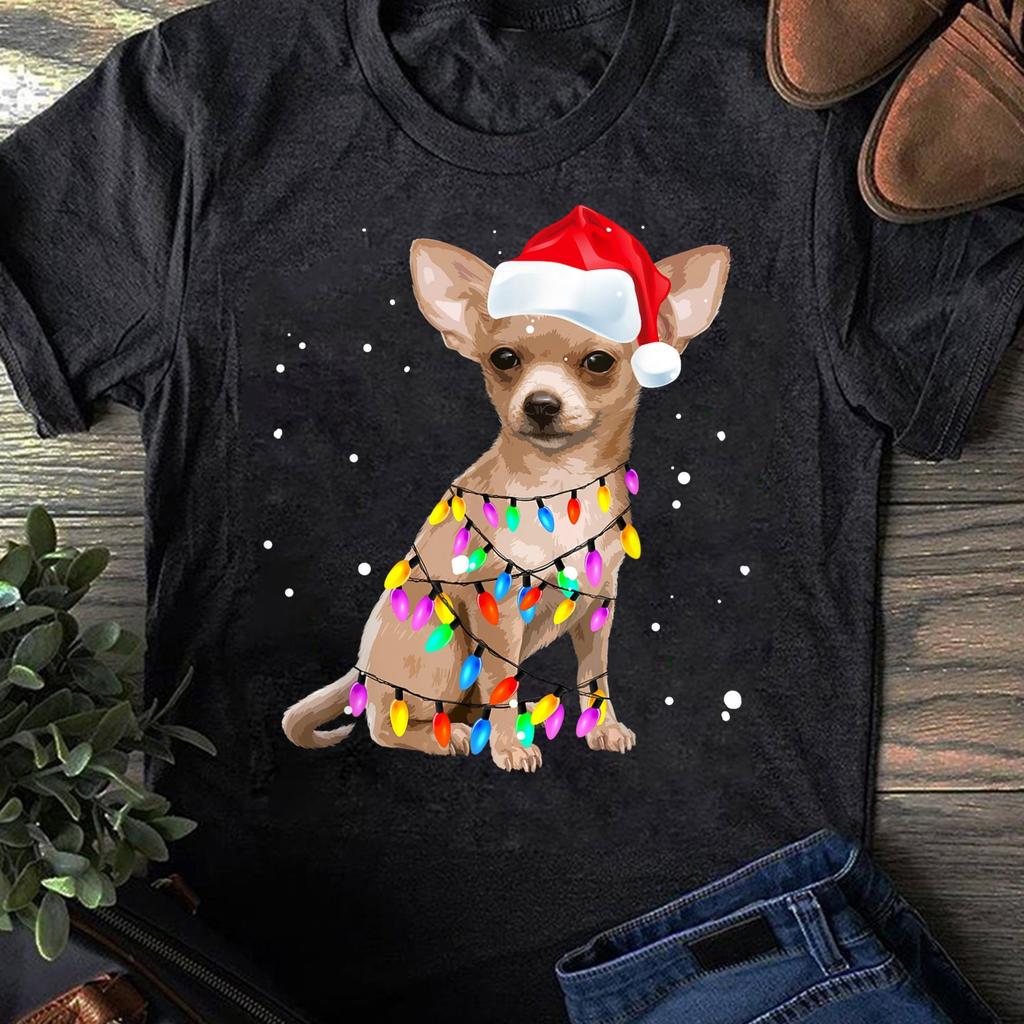 Christmas Chihuahua Lights T-Shirt: Santa Hat Dog Lover Gift