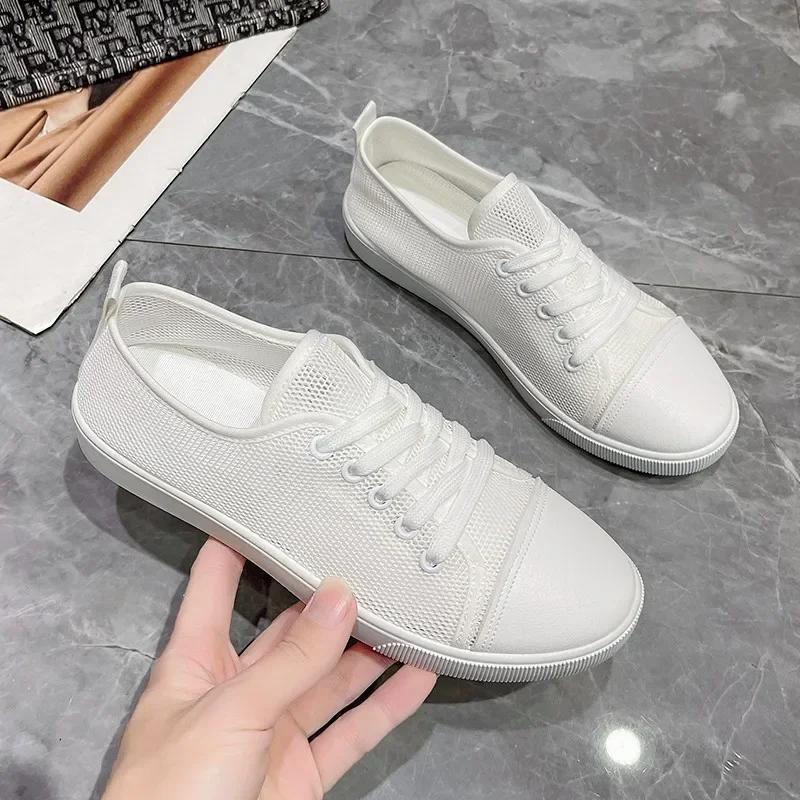 Women Mesh Breathable Vulcanize Shoes Summer Flat Soft Sole Shoe Casual Lace-Up White Sneakers Designer Zapatillas De Mujer