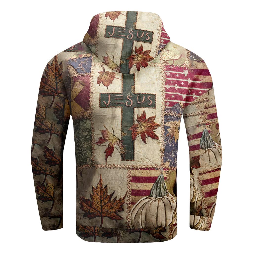 Men's Retro Casual Cross Art Print Oversized Drop-Shoulder Pockets Hoodie