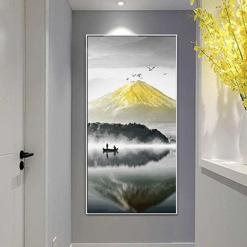 Golden Mountain Decorative Paintings Landscape Canvas Prints Lake Boat Posters Wall Art Pictures For Living Room Decor No Frame