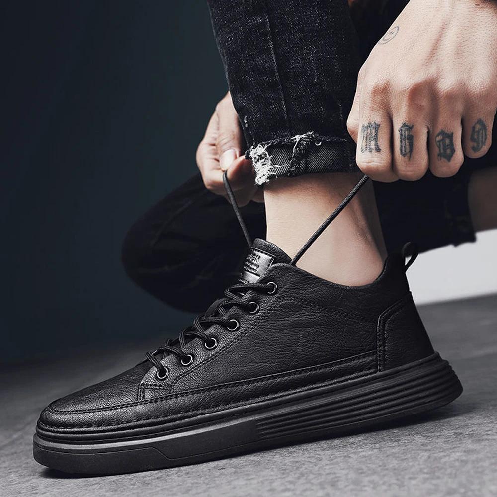 Men's Loafers Black Fashion Casual Leather Shoes Mens Walking Lace Up Comfortable Flat Sneakers Work Shoes