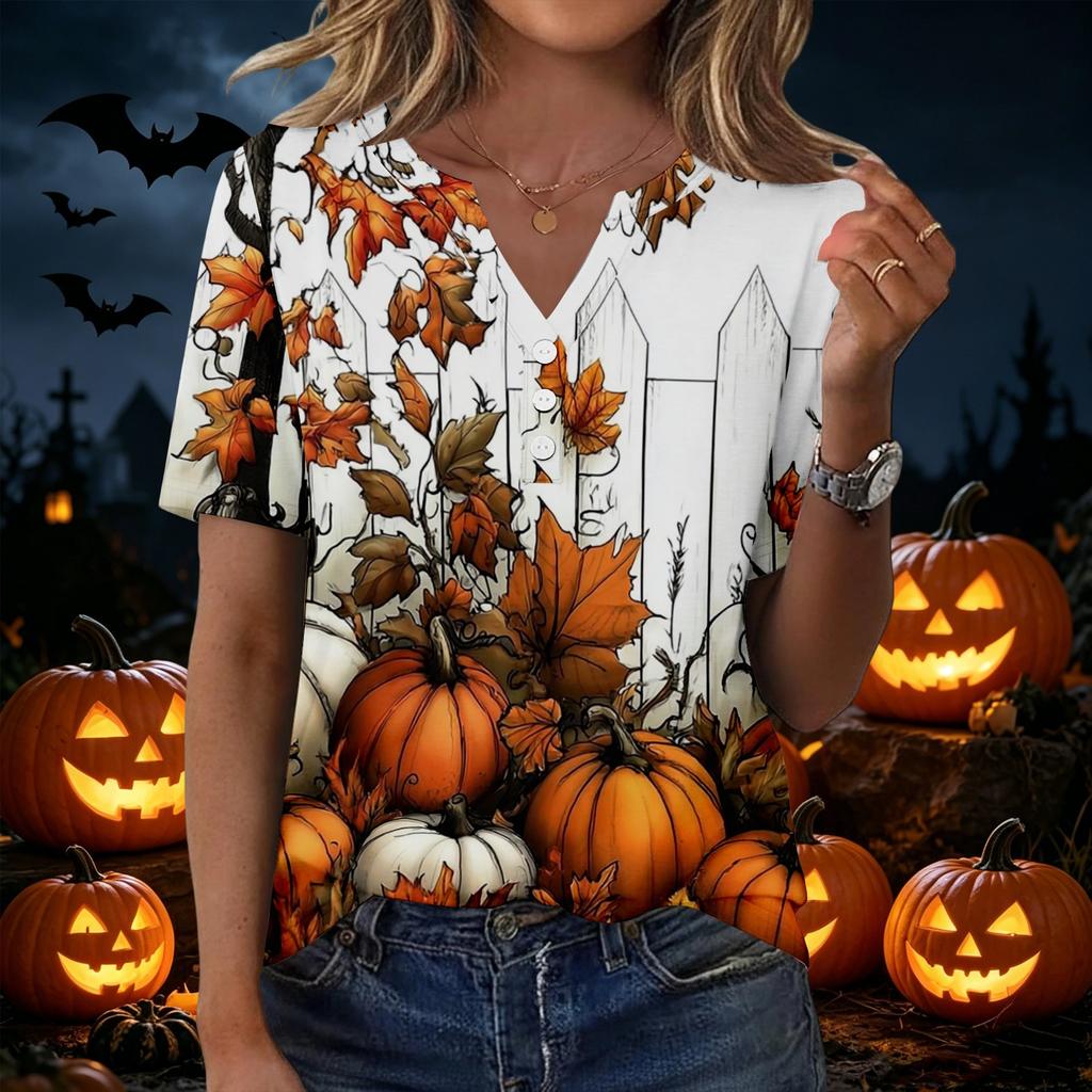 Women's Halloween Printed Loose Fit V Neck Short Sleeve Top with Pocket Casual Blouse for Seasonal Wear and Everyday Comfort