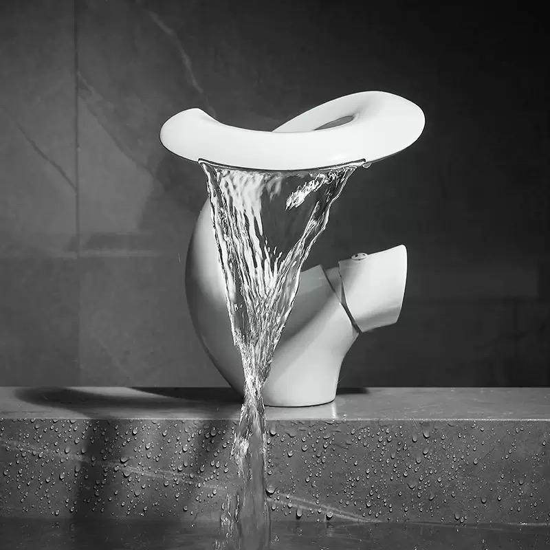 Waterfall Faucet Bathroom Basin Faucet Cold and Hot Brass Mixer Sink Taps White Black Torneira Banheiro Single Hole Deck