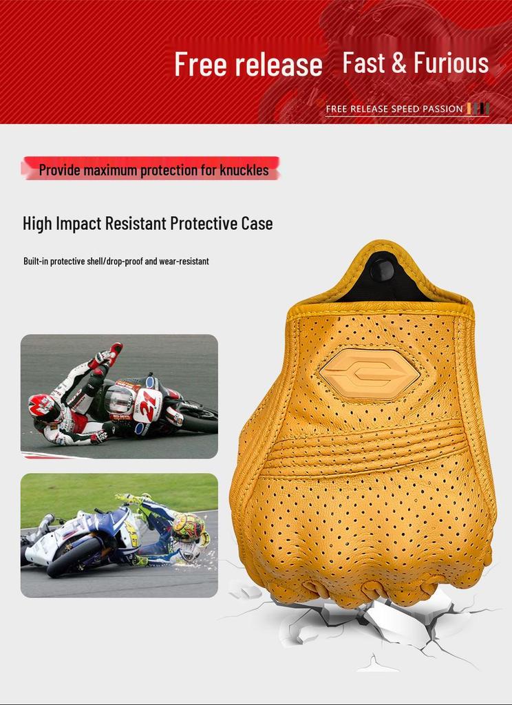 Genuine Leather Breathable Motorcycle Racing Gloves - Anti-Fall, Summer Riding Gear