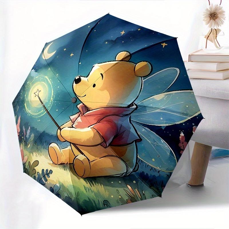 Winnie the Pooh, Fairy Automatic Opening and Closing Umbrella - 8 Ribs Portable Folding Umbrella with Plastic Handle, Suitable for Leisure a