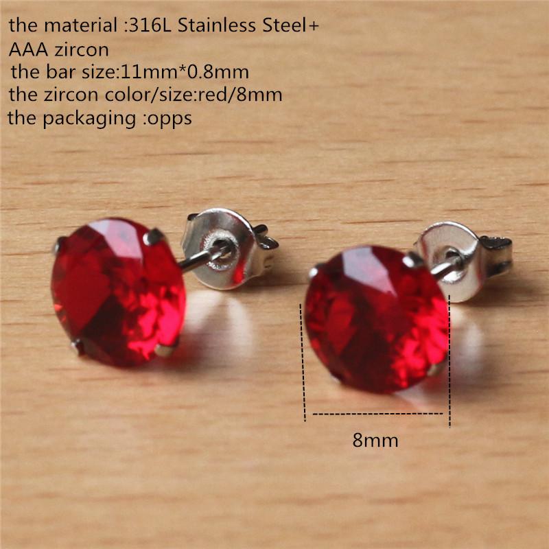 316 L Stainless Steel With 8mm Round AAA Red Zircon Stud Earrings For Men And Women