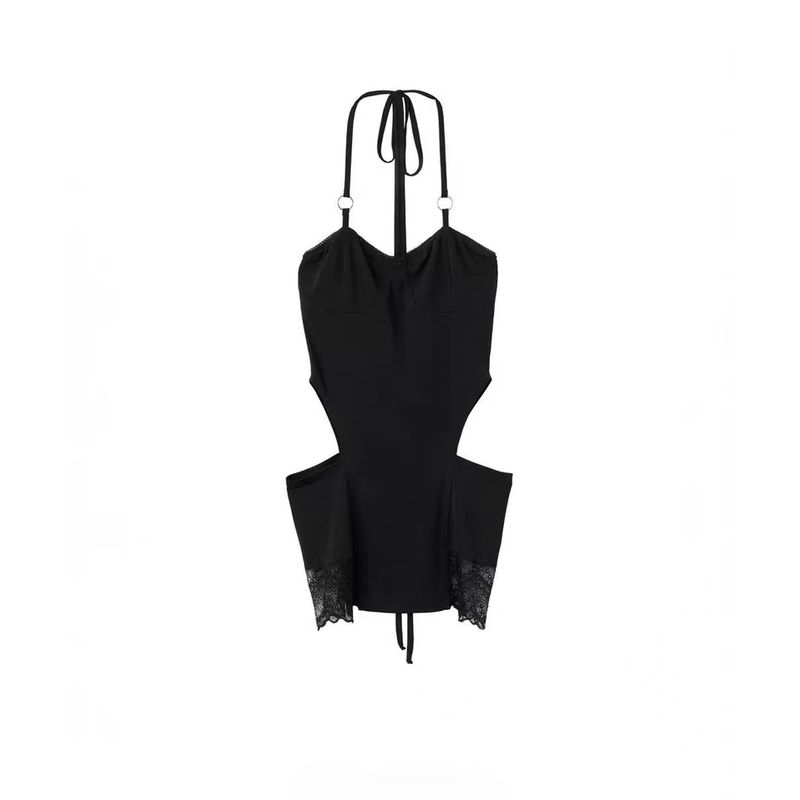 

# Sisjuly# Pull Cool All Black Dark Style Sexy Hollow out Lace Slim Fit Patchwork Sexy Suspender Skirt for Women Black L