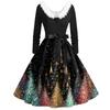 Women's Fashion V-Neck Casual Slim Christmas Printed Long Sleeve Hair Collar Dresses