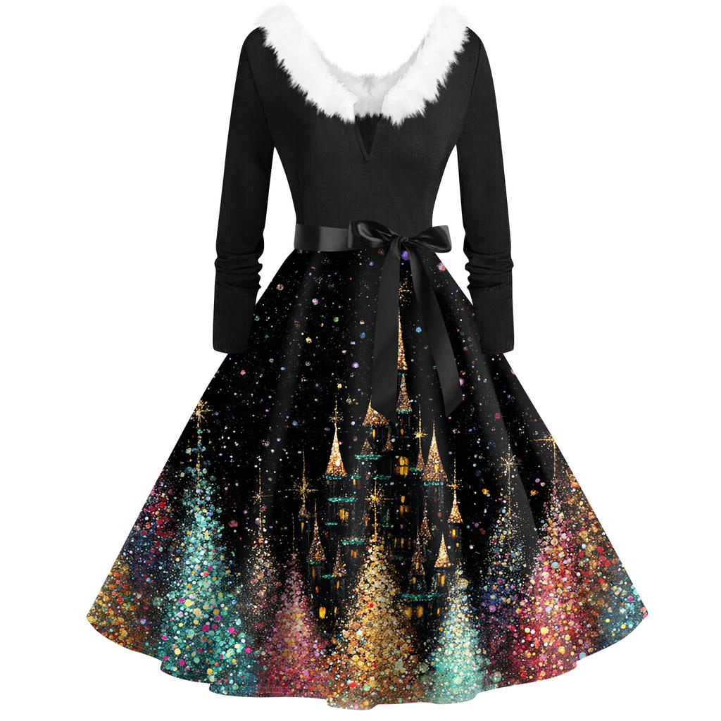 Women's Fashion V-Neck Casual Slim Christmas Printed Long Sleeve Hair Collar Dresses