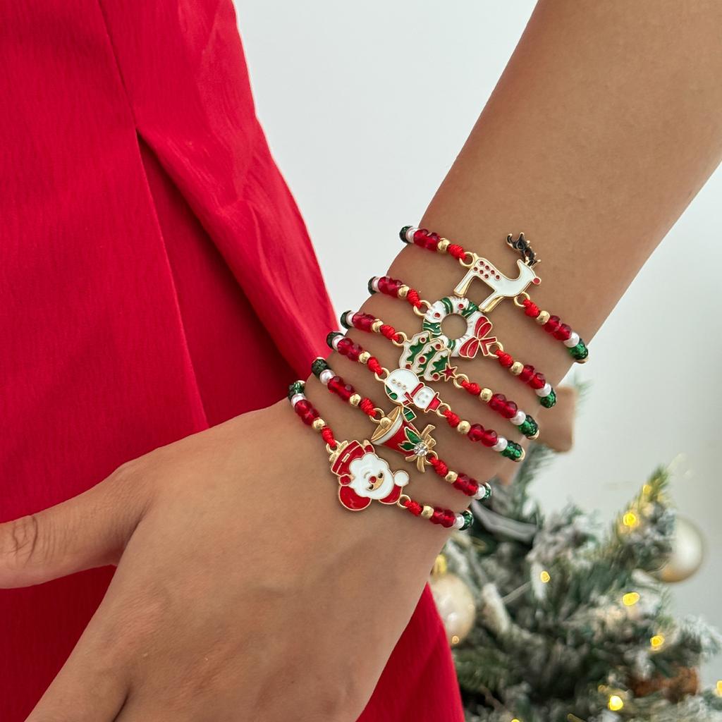 Creative Christmas Reindeer Snowman Bracelet INS Polymer Clay Beaded Adjustable Braided Hand Jewelry for Women Girls Holiday Gift Accessories