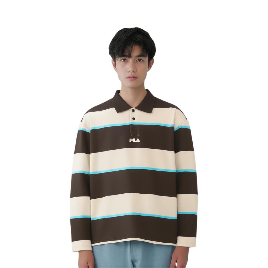 Fila Original Simple Fashion Retro Trendy Striped Comfortable Versatile Loose Knit Long Sleeve Polo Shirt Men Tops Dark-Brown F11M619216FBN