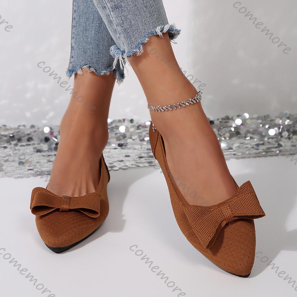 Fashion Comemore Bowknot Elastic Knit Flat Shoes for Women Slip on Casual Woman Spring Summer Flats Comfort Soft Sole Solid Loafers