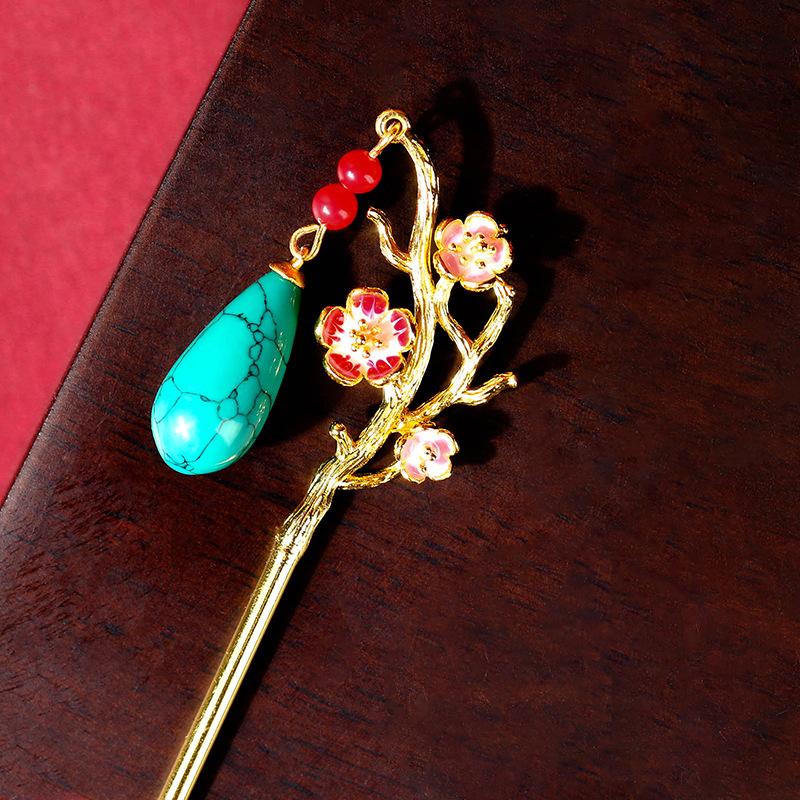 ExquisiteHanfu Chinese Hair Buns, Wulan Small Turquoise Drip Glaze Embellish Metal Mules Ancient Style