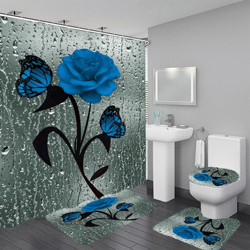 4PCS Flowers Rose Print 3D Shower Curtain Waterproof Polyester Bathroom Curtain Anti-slip Bath Mat Toilet Rugs Carpet Bath Sst Decor
