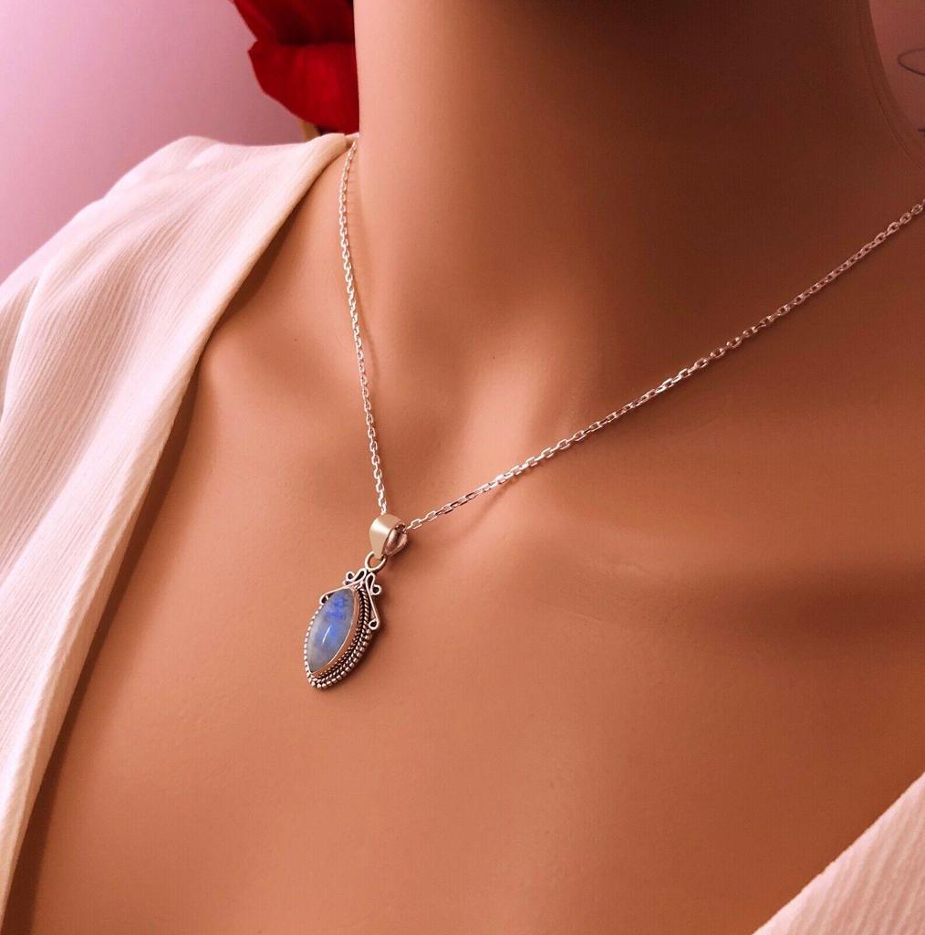 New Marquise MOONSTONE 925 Sterling Silver Gemstone Necklace Pendant Gift Boxed