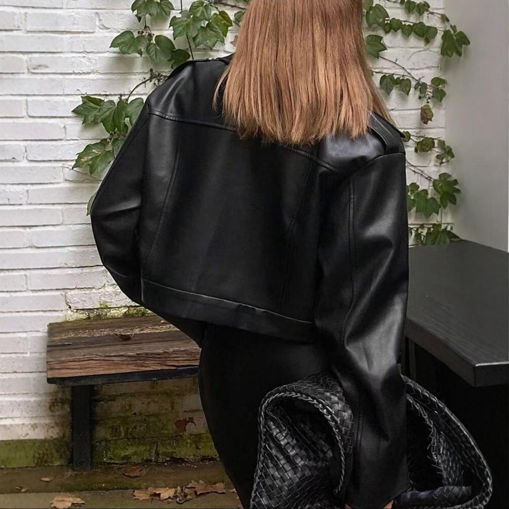 Cross-border Wholesale European and American Style Short PU Leather Jacket for Women, Motorcycle Jacket, Slim Fit, High-end Black Jacket, Trendy Insta