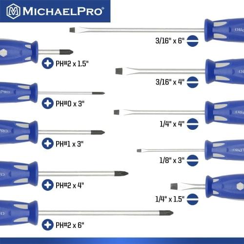 MichaelPro Magnetic Screwdriver Set, 10-Piece Set, Phillips Flat Head with Ergonomic Dual-Material Grip Handles | MP002035