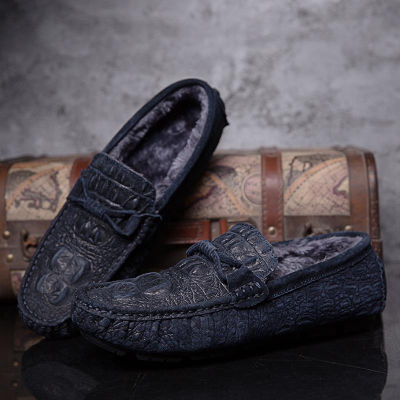 Crocodile Pattern Loafers Men Fashion Slip on Shoes New Comfy Men's Flats Genuine Leather Man Casual Shoes Warm Winter Moccasins