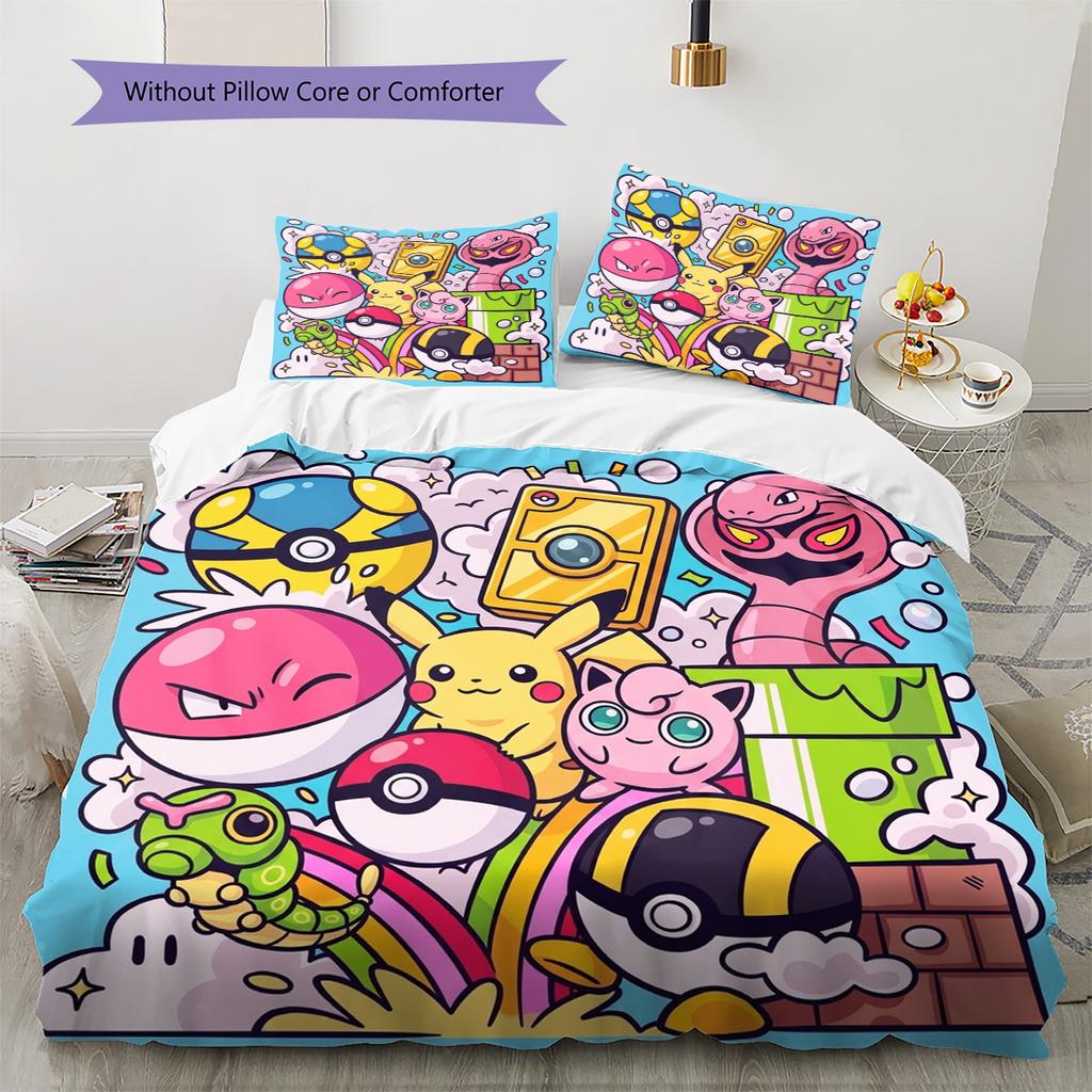 Pokemon Pikachu Pattern Bedding Quilt Set Quilt Cover Pillowcase Home Decoration Birthday Gift (1 * duvet cover + 2 * pillowcase, without core)