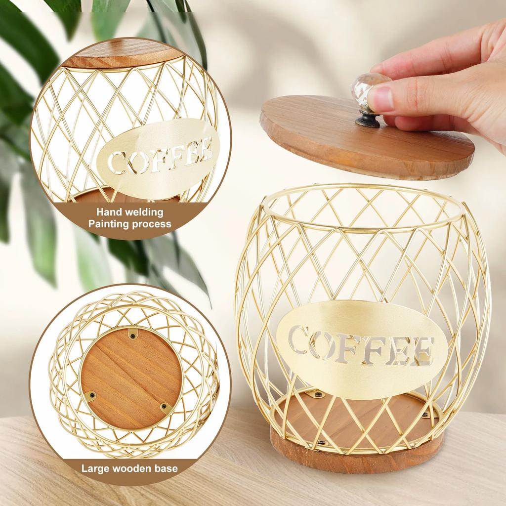 Coffee Pod Basket Holder Metal Coffee Pod Organizer with Dust Cover Hollow Design Large Capacity Kitchen Storage Basket