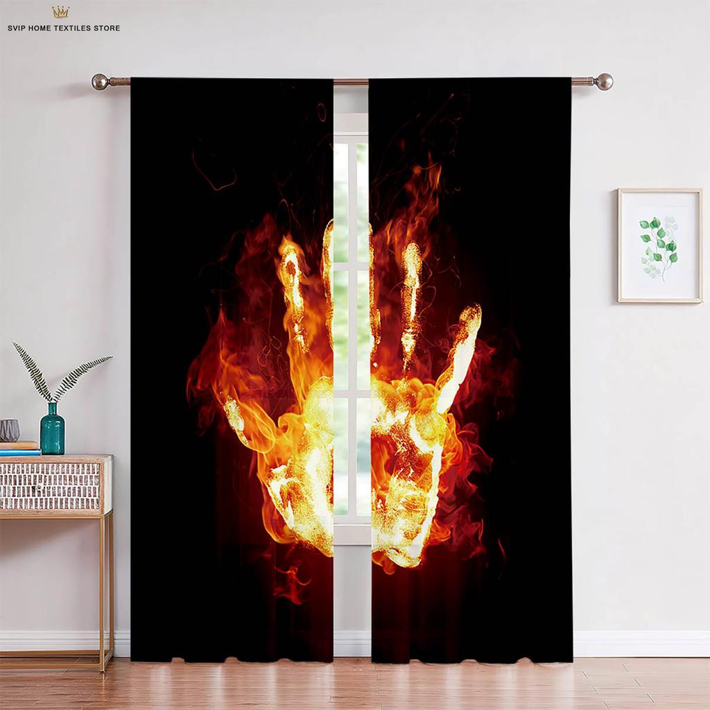 Creative Printed Curtains for Bedroom, 2-Piece Set of Water, Fire, Tai Chi and Two-Pole, Living Room and Kitchen Decorations