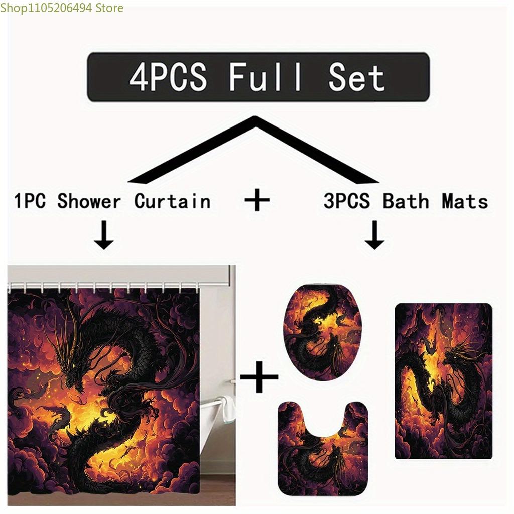 1/3/4 st Drak Duschdraperi Set med Badrumsmatta, U-formad Matta & Toalettlock - Högkvalitativt 180x180cm Badrumsdraperi med 12 Krokar, Pu