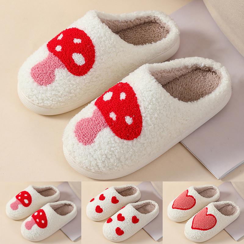 Fuzzy Flip Flop Slippers For Women Comfortable Home Cute Cartoon Love Shape Winter Cotton Slippers Men And Chaussures Femmes