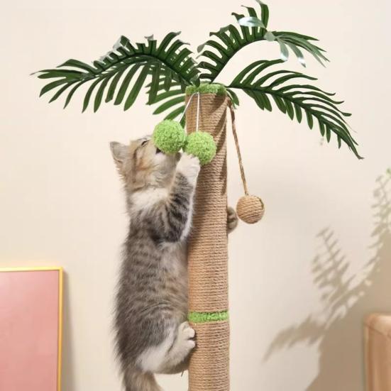 Cat Toy Realistic Coconut Tree Shape Scratching Post with Sisal Claw Grinding Column Hanging Balls Interactive Cat Scratcher