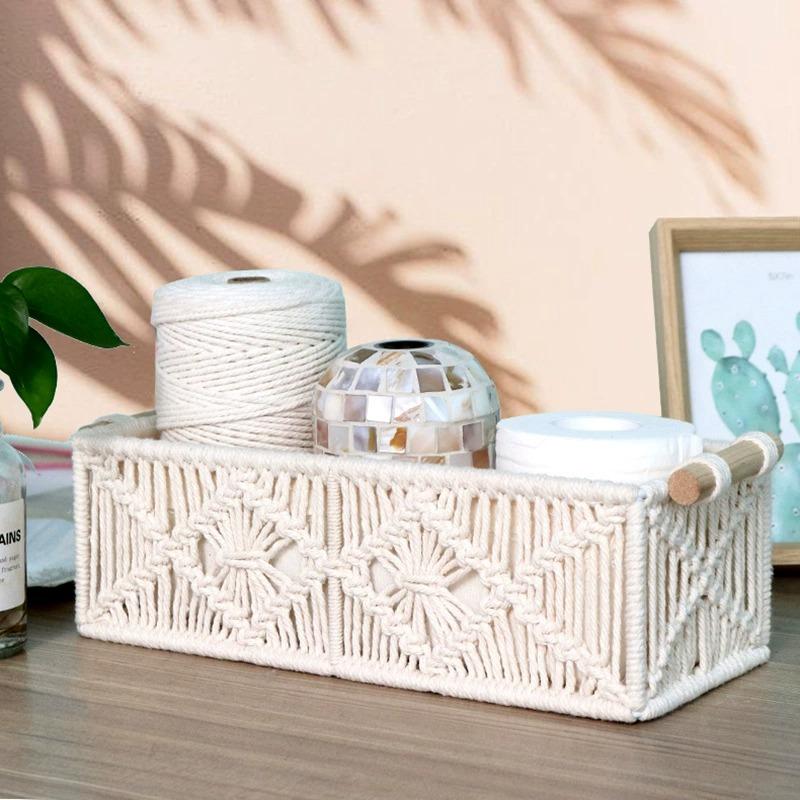 

Bohemian Style Storage Containers Cotton Rope Hand Woven Rectangle Desktop Sundries Storage Basket Make Up Organizer 30x14x9cm белый