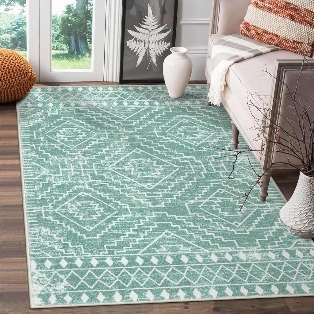 Moroccan Style Carpet for Living Room Retro Washable Farmhouse Bedroom Black Boho Non-Slip Floor Mat Soft Rug for Kitchen Entry