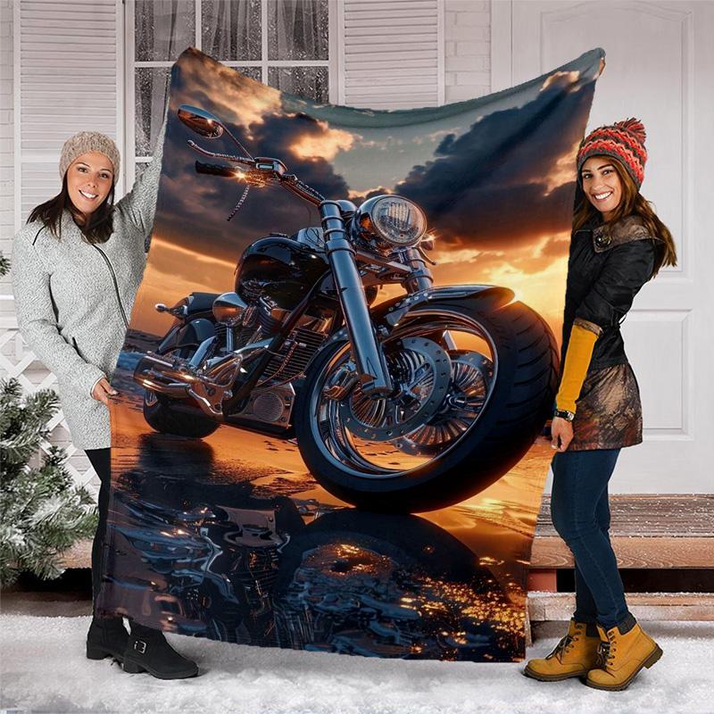 Vintage Motorcycle Sunset Fleece Printed Flannel Blanket, Warm Soft Throw Sofa Bed Blanket