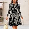 Women Plus Size Round Neck Long Sleeve Clover Printed A Line Flared Dress