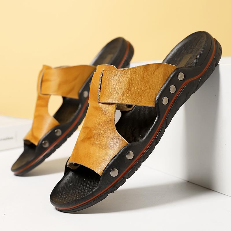 Men Slippers Outdoor Summer Brown Sandals Yellow Open Toe Beach Shoes Plus Size for Father