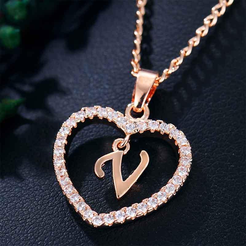Heart Letters 26 Love Crystal Women Silver Plated Chain Jewelry Necklace