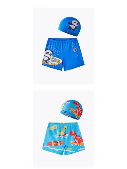 Cartoon Panda Boys' Two-Piece Swimsuit & Cap Set - Beach & Hot Spring Wear